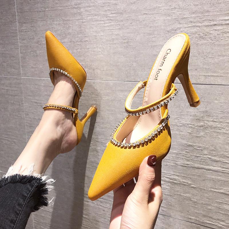 

Elegant Crystal Front Band Single Women Shoes Summer Sexy Pointed Toe Pumps European Stilletto Super High Heels Femmes Chaussure Dress, Black