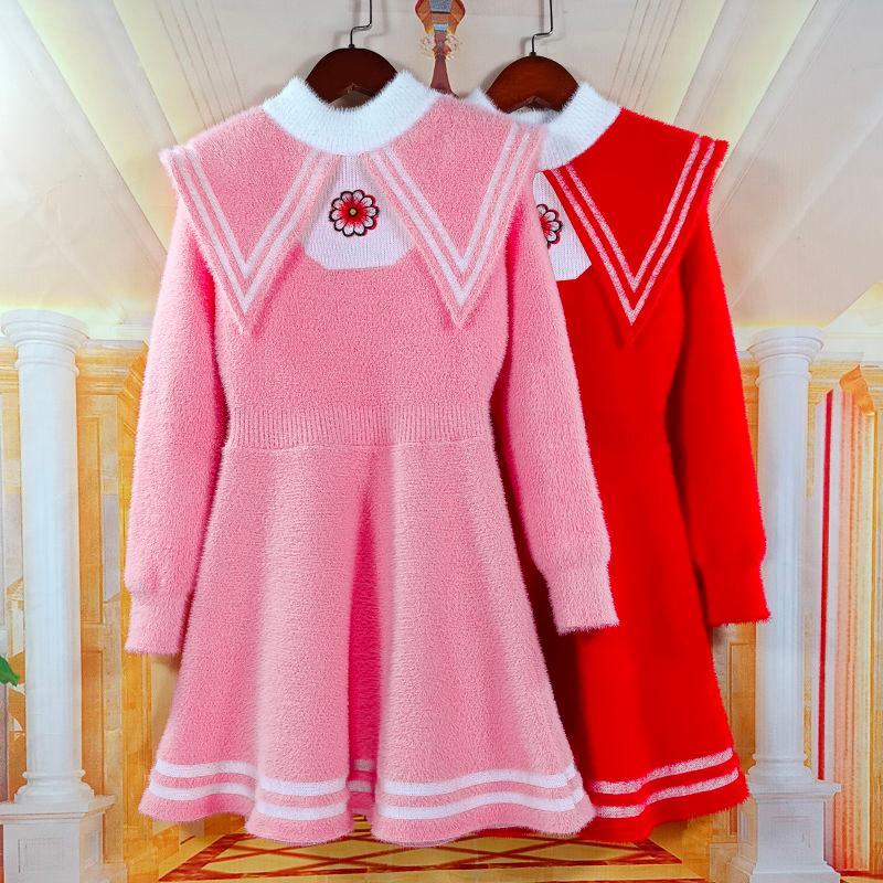 

Girl's Dresses 3-12Y Children's Dress Autumn Winter Girls Sweater Knitted Flower Princess Thickened Mink Fleece, Red;yellow
