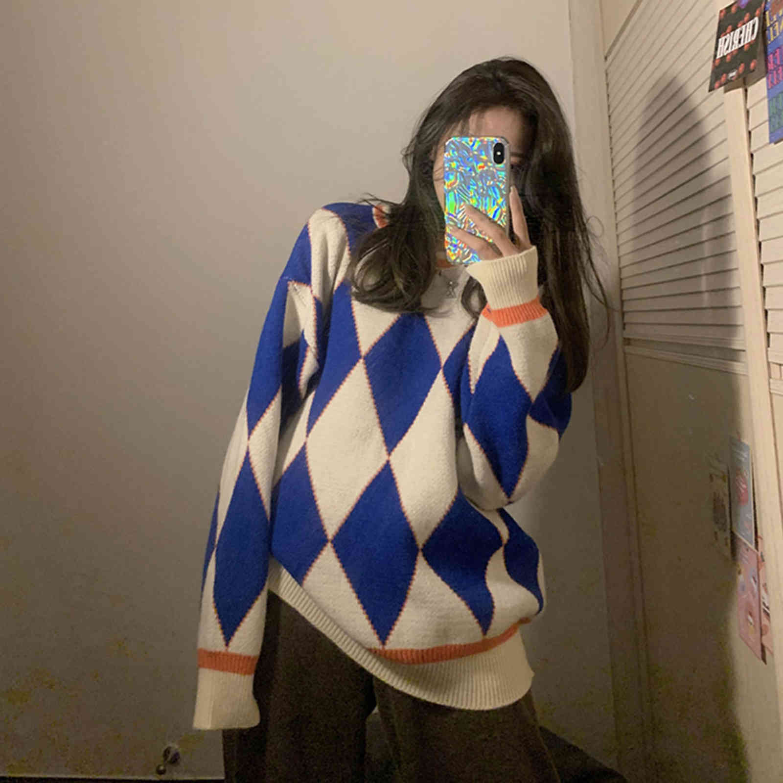 

Women' Sweaters Mulheres argyle panelled pulôveres de malha em torno do pescoço vintage blusas soltas coreano preguiçoso estilo casual moda doce outono RYFA, 1# shoe box