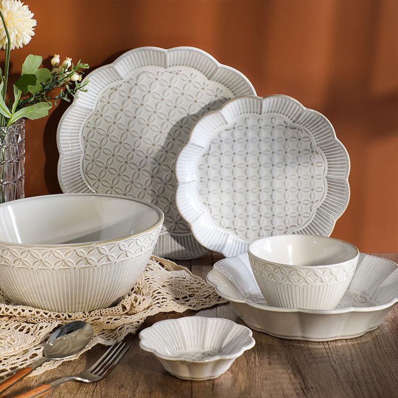 

Dinnerware Sets Embossed Ceramic Dishes And Tableware Set Steak Plate Soup Bowl Nordic Style Household Products Kitchenware Kitchen Supplies