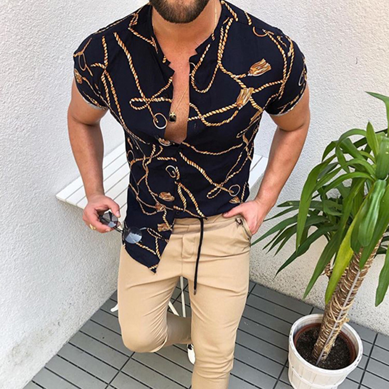 

Fashion Nation Style Summer Mans Shirt 3D Printing Stand Collar Single-Breasted Short Sleeve Loose Hawaiian Henley Casual Shirt, Short black