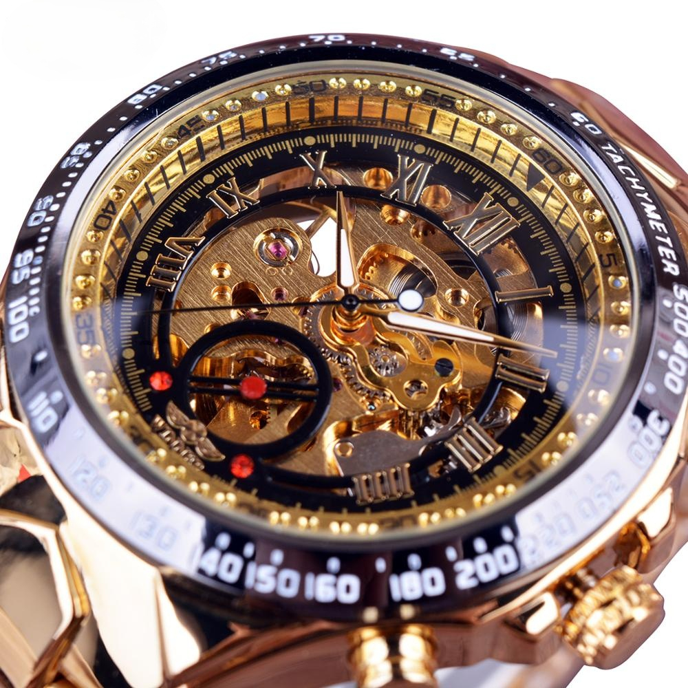 

Winner Mechanical Sport Design Bezel Golden Watch Mens Watches Montre Homme Clock Men Automatic Skeleton Watch, Black golden