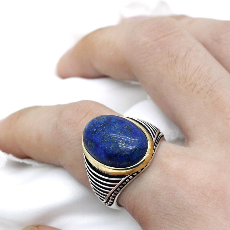 

Cluster Rings Lapis Lazuli Stone For Men 925 Sterling Silver Blue Vintage Stripe Ring Turkish Thai Jewelry Male Women Gift