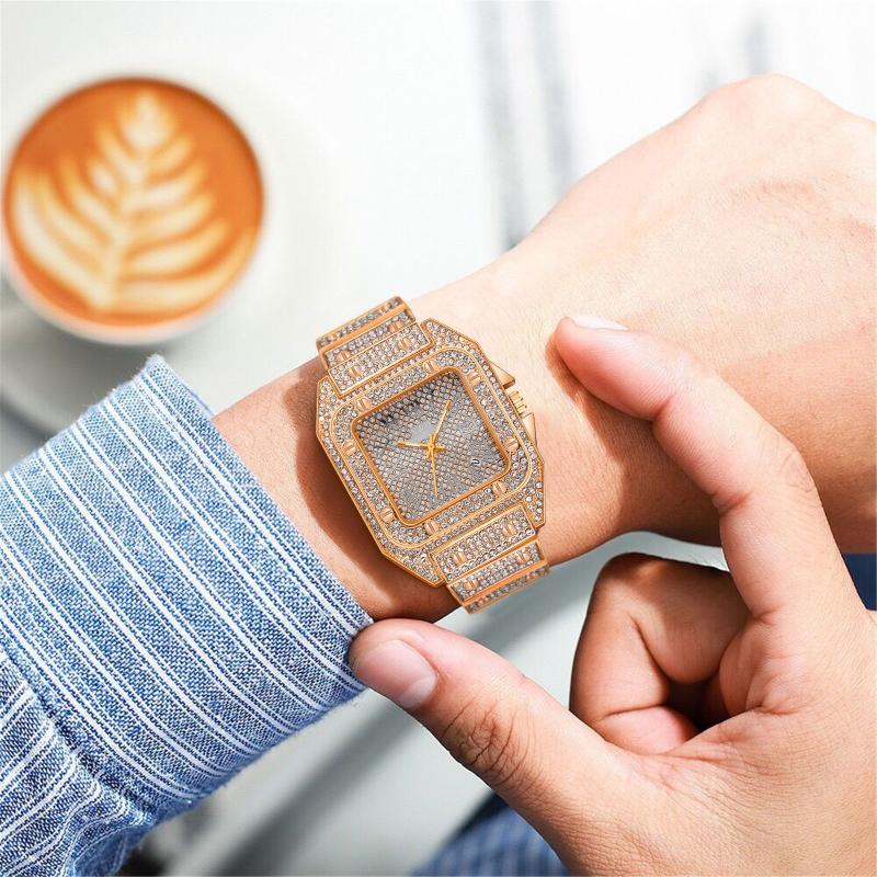 

Wristwatches Stylish Luxury Rhinestone Watch Men's Steel Band Quality Casual Quartz Watches, Gold