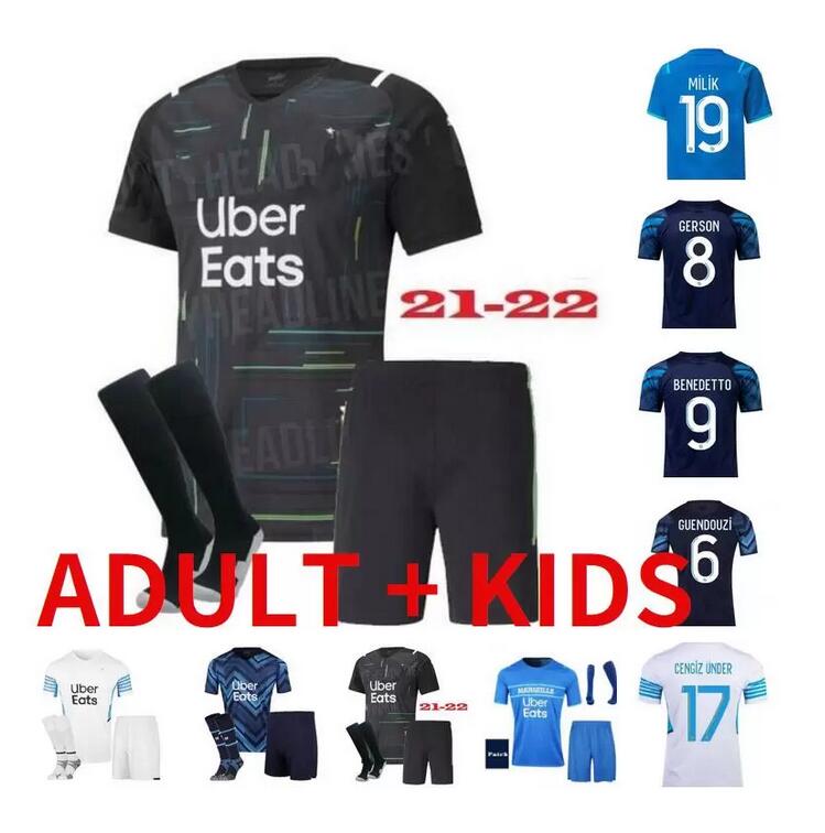 

adult kids kit 21 22 Olympique De Marseille soccer jersey 2021 2022 OM GERSON GUENDOUZI MILIK LUIS HENRIQUE maillot foot KAMARA football shi, Black