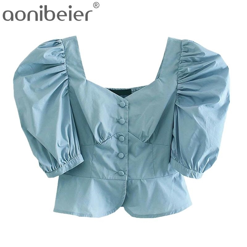 

White Blue Summer Slim Women Blouses Fashion Puff Sleeve Button Front Sweetheart Crop Tops Female Casual Short Shirts 210604, Po