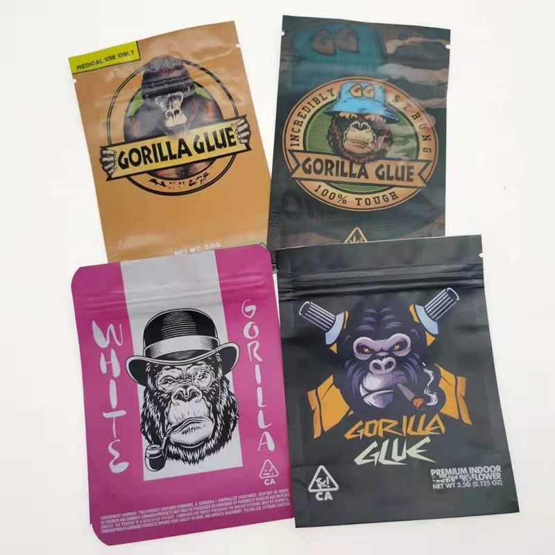 

3.5g mylar bag empty plastic 4 design gorilla glue edibles packaging zipper stand up pouch