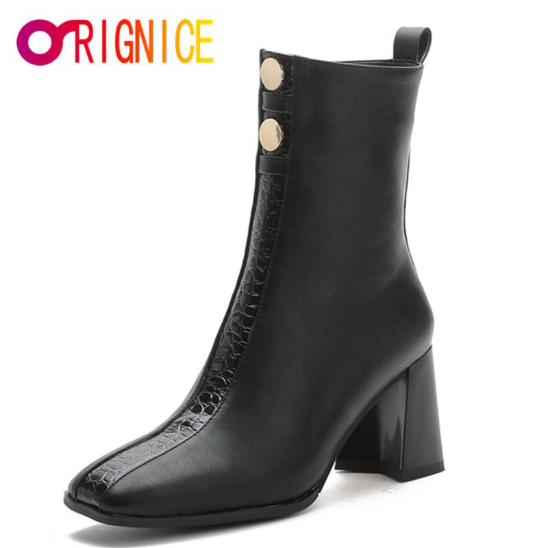 

Boots Orignice Women Ankle Microfiber Plus Size Europe America Square Toe Chunky High Heel Stone Pattern Plain Patchwork Shoes, Black