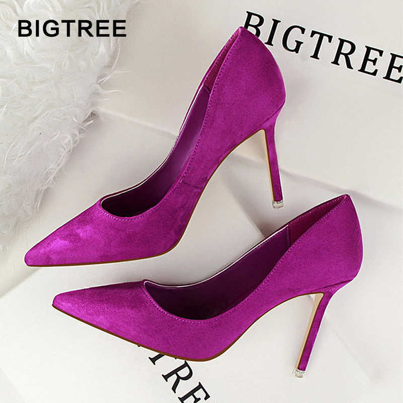 

High Heels Women Fashion Pointed Toe Office Shoes Women's Solid Flock Shallow High Heels Shoes for Women 9 Colors 210721, Gray