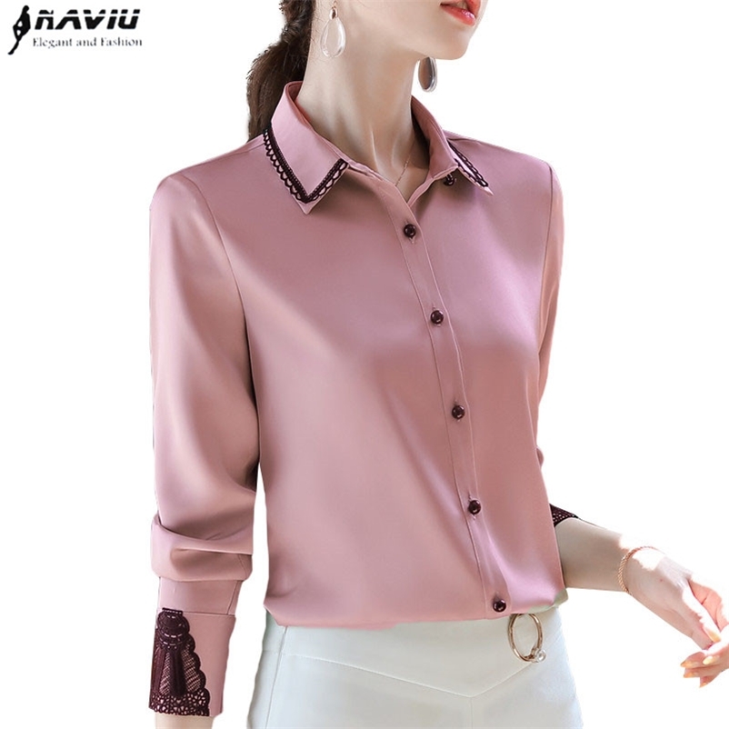 

Professional Shirt Women Long Sleeve Spring Temperament Lace Patchwork Satin Chiffon Blouses Office Ladies Work Tops 210604, Pink