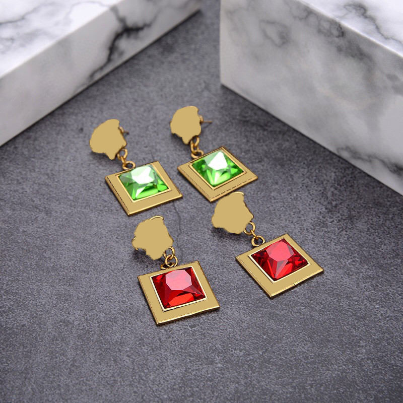 

Trendy Diamond Emerald Charm Earrings Pendant Ruby Studs Beauty Head Rhinestone Eardrop Women Personality Earring Gift, Golden