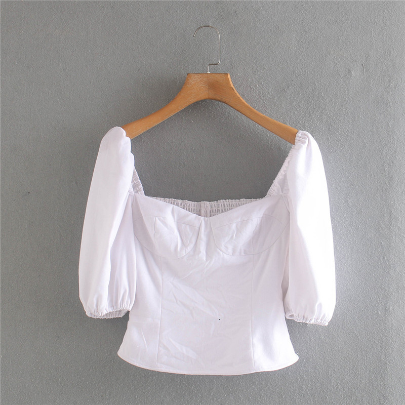 

Women's Blouses & Shirts summer casual women elastic waist white blouse tops female fashion square collar short puff sleeve back z