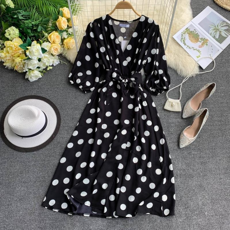 

Female Fashion High Waist V Neck Short Sleeve Dot Bandge Spring Medium Length Casual Summer Women's Dress 210520, Red