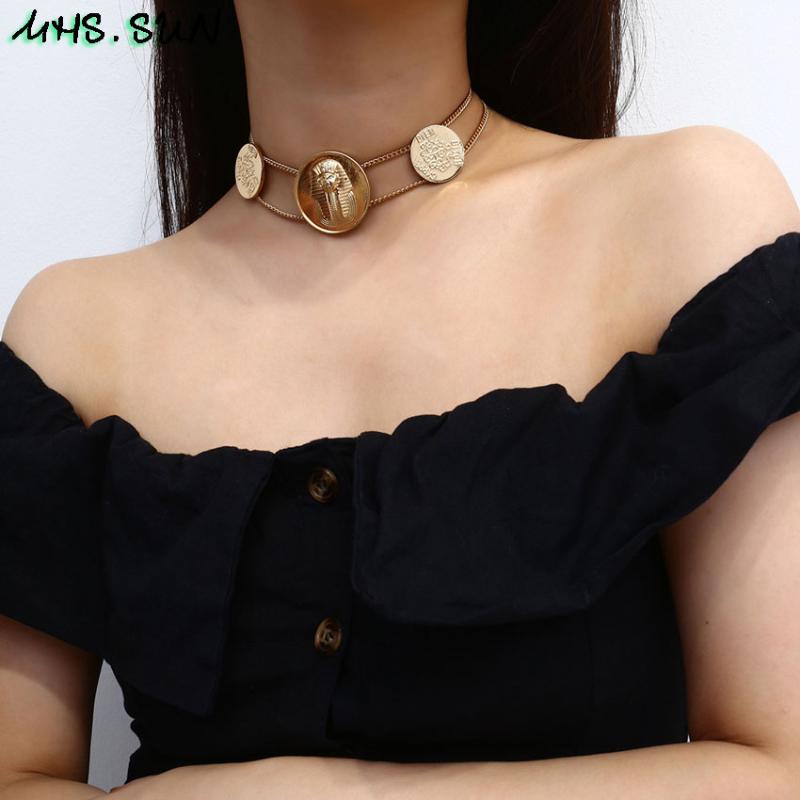 

MHS.SUN Fashion Women Choker Necklace Exaggerated Coin Pendants Layered For Girls Vintage Trendy Personality Jewelry Chains