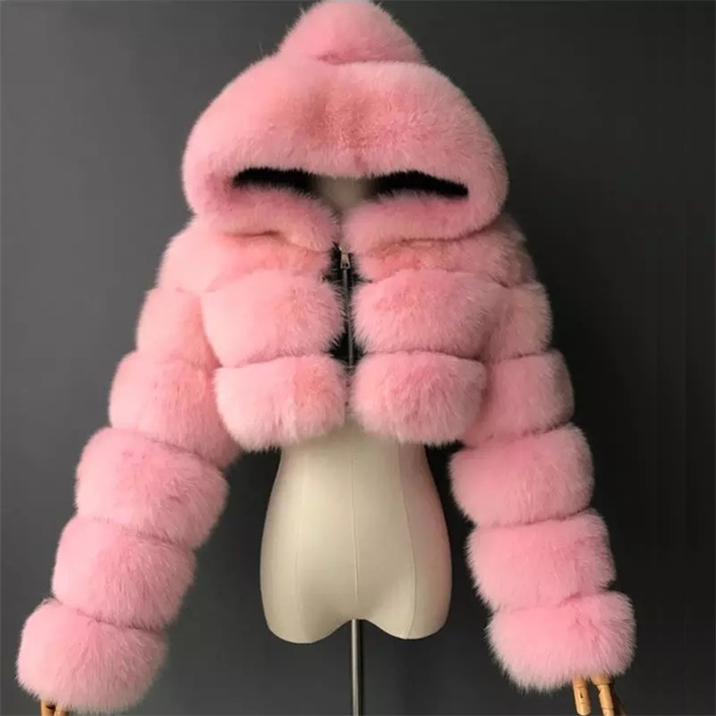 Haute Qualité Fourrure Recadrée Faux Manteaux et Vestes Femmes Moelleux Top Manteau Avec À Capuche Veste D'hiver Manteau Femme 211220