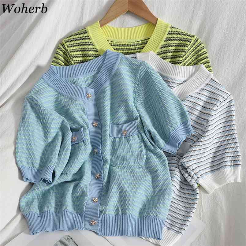 

Vintage Elegant Knitted Cardigan Women Short Sleeve Striped Button Up Sweet Ladies Summer Korean Fashion Female Tops 210519, White