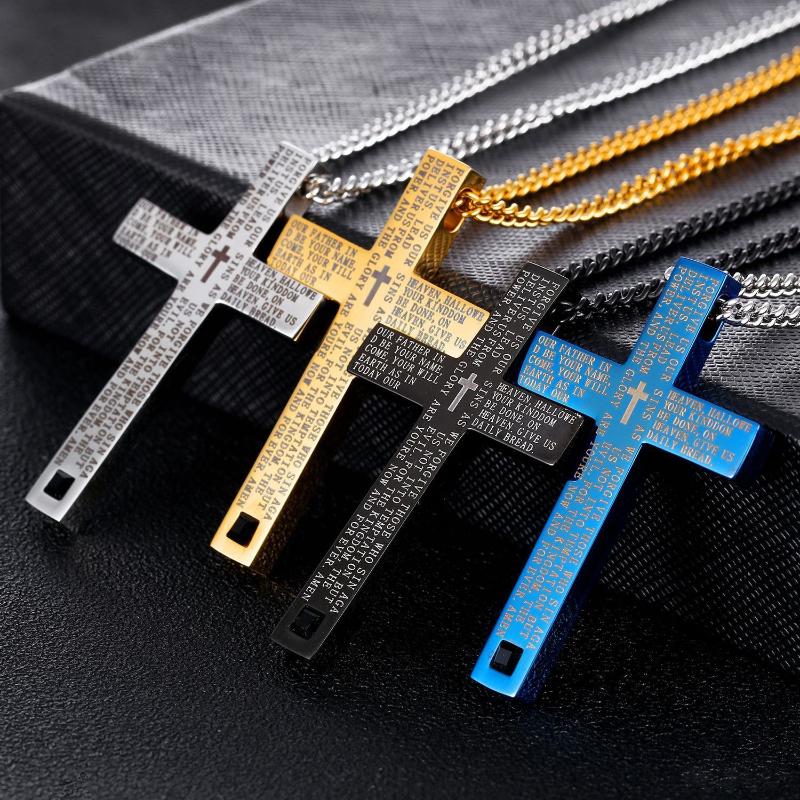

Pendant Necklaces Religious Letter Cross Black Zircon Stainless Steel Chain Fashion Male Jewelries
