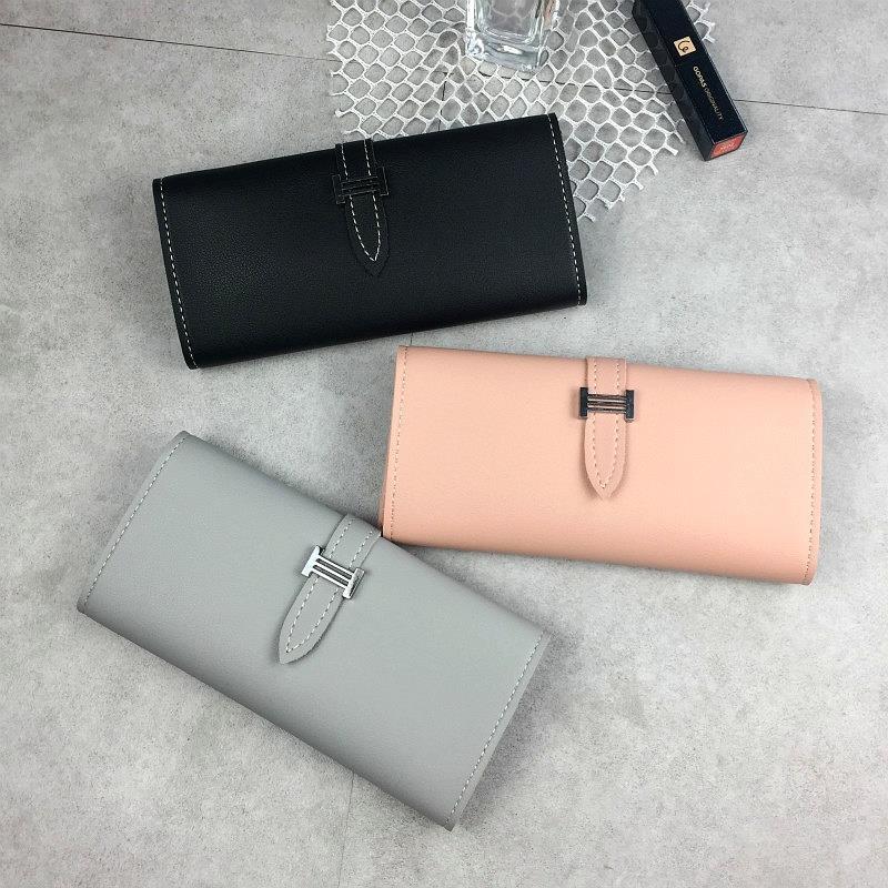 Womens H Letter Leather Wallet Wholesale Lady Clutch Purse Solid Color Drawstring Long 3 Fold Spring Model