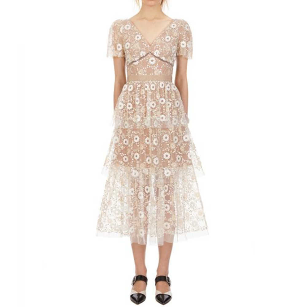 

ZAWFL Summer Elegant White Mesh Floral Embroidery Sequins Party Dresses For Women Sexy V Neck Short Sleeve Ruffles Dress 210525, Picture color