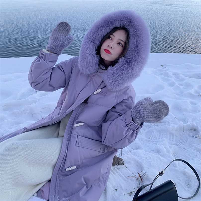 

horn buckle winter jacket ladies warm and thick down pure cotton large fur collar long parka coat women loose 211018, Purple