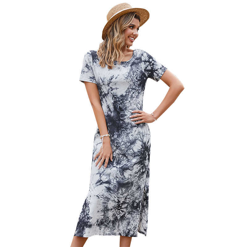 

Split Fork Vintage Tie Dye Print O Neck Short Sleeve Dress Women Casual Straight Streetwear Elegant Slim Temperament Dresses 210608, White