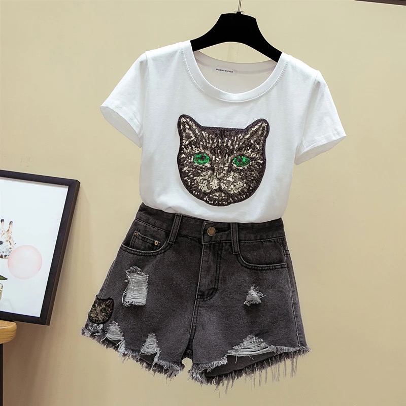 

Women's Summer New fashion Sequin short sleeve top T-shirt + shorts high waist jeans suit two piece set for women