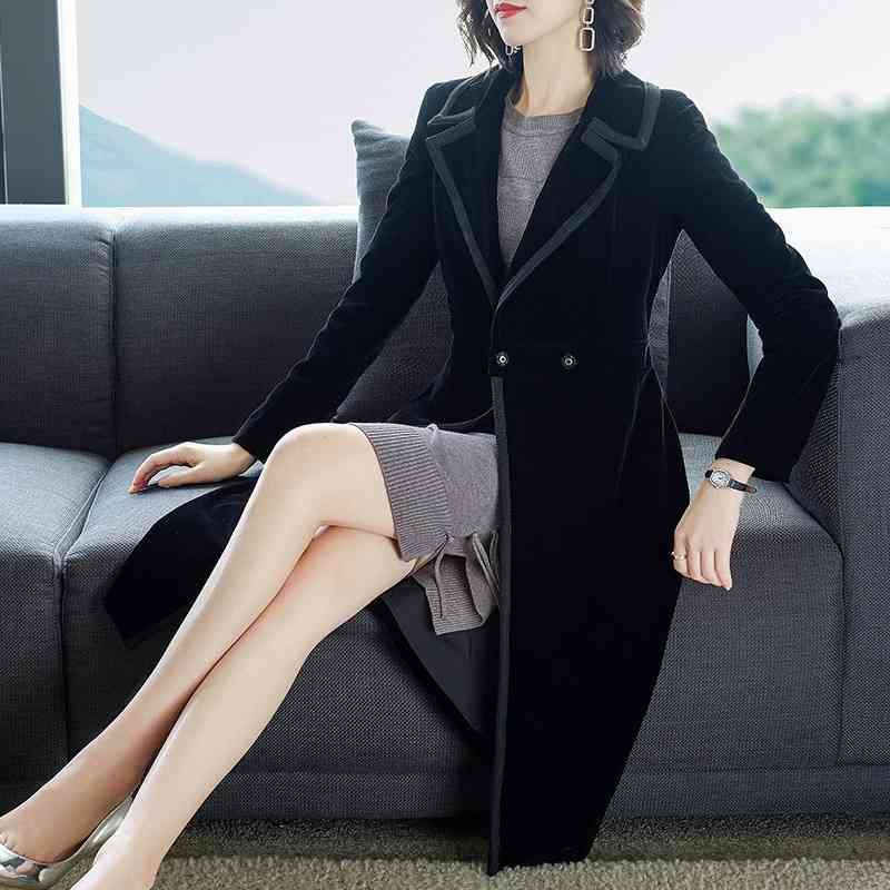 

Black velvet windbreaker middle and long 2019 new women' wear versatile spring popular coat 8315