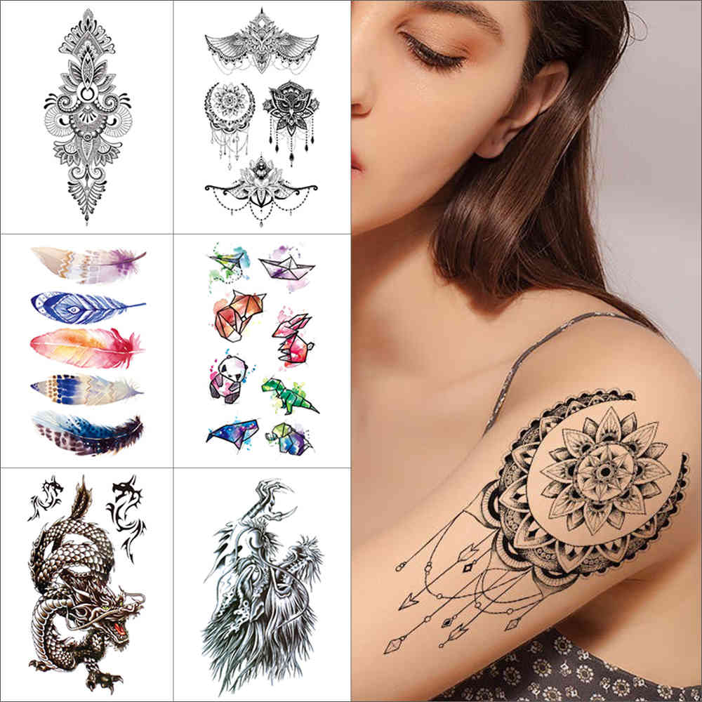 

Temporary sticker decoration geometric figure Flower feather Dragon words butterfly fake for women men body tattoo