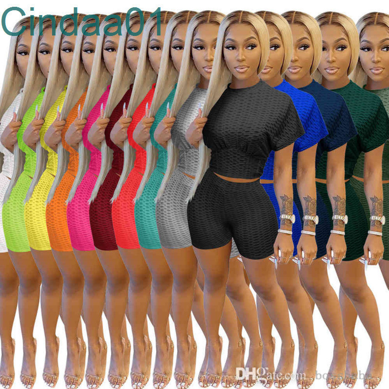 

Women Tracksuit Two Pieces Set Designer Outfits Summmer Solid Color Leisure Sports Waist Jacquard Short Sleeve Shorts Ladies Sportwear, Low