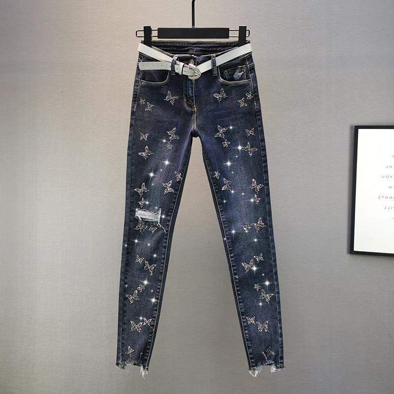 

women's jeans women beading butterfly fashion ripped high waist female washed denim pencil pants casual plus size stretch t4b7, Blue