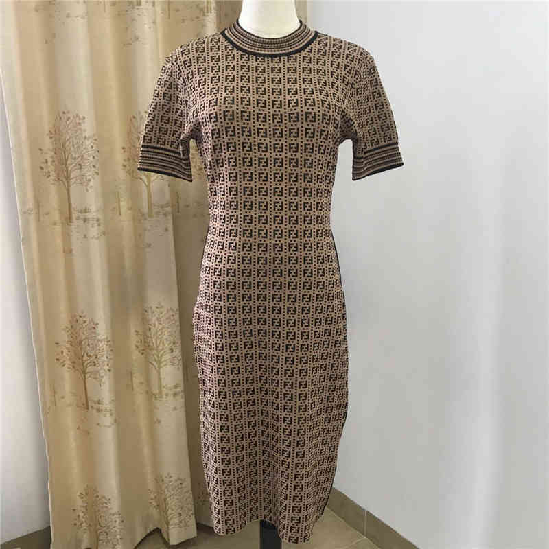 

Design clothing Good quality 21 summer new style temperament ice silk letter wrap hip slim fit short sleeve knitted knee length skirt dress, White