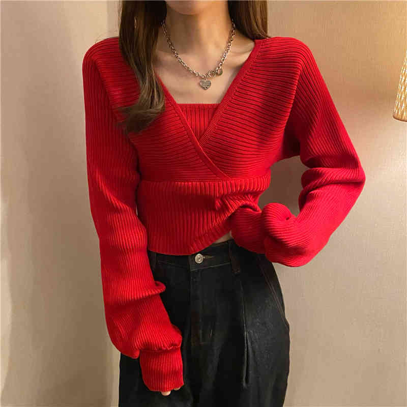 

Lucyever Korean Spring Sweater Women Fake Two Piece Sling Off Shoulder Pullover Female Gentle V-neck Short Sweaters 210521, Pink