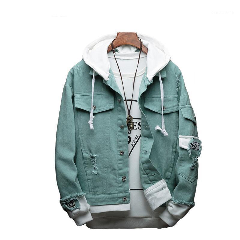

Men's Jackets Autumn Hooded Denim Jacket Fashion Fake Two-Piece Stitching Streetwear Bomber Clothes, Green