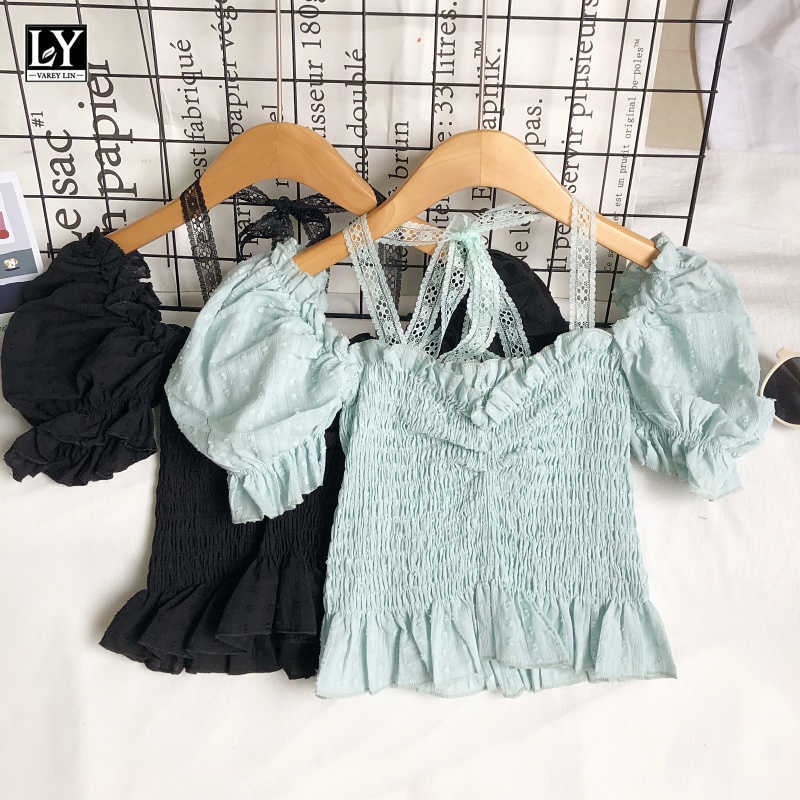 

LY VAREY LIN Summer Women Casual Lace Lace-up Bow Slim Folds Shirts Sweet Slash Neck Puff Sleeve Solid Color Short Shirt Tops 210526, Black