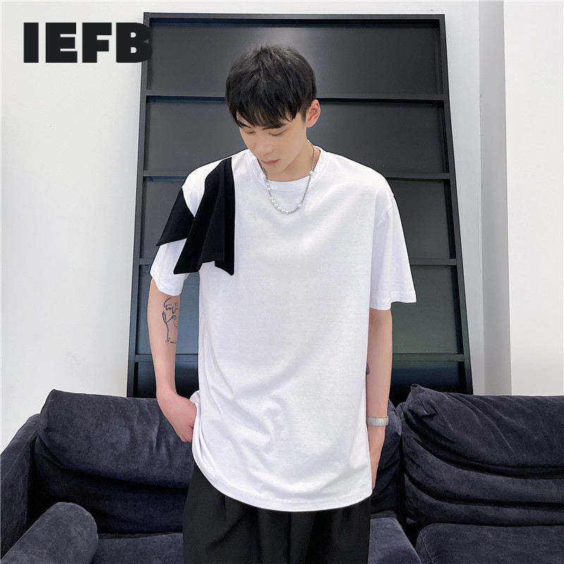 

IEFB Design Simple Contrast Color Patchwork Round Collar Short Sleeve Men's White Black T-shirts For Male Summer 9Y6899 210524