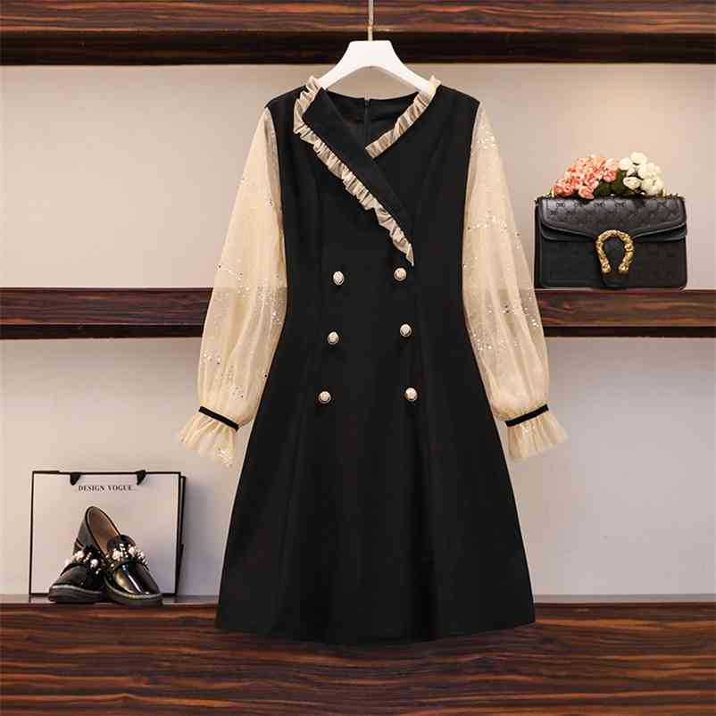 

L-4XL Spring Autumn Womens Fashion Mesh Flare Long Sleeves Patchwork A Line Dress Female Party Dresses A4342 210519, Blue