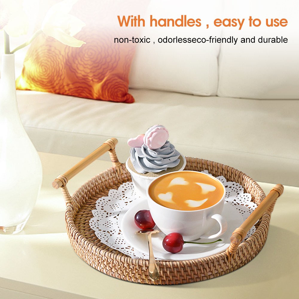 

Rattan Handwoven Round Serving Tray Food Storage Pate With Wooden Handes Wicker Basket Wooden Tray For Fruit Tea Breadbasket