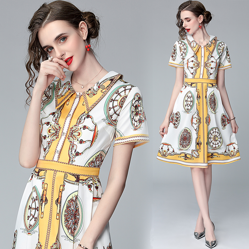 

2021 Runway Printed Classic Shirt Dress Ladies Designer Short Sleeve Lapel Office Holiday Prom Sexy Slim A-Line Pleated Dresses Summer Autumn Fashion Women Clothes, 03