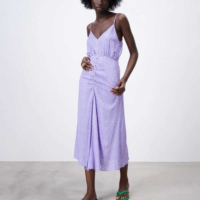 

Women Summer Spaghetti Strap Floral Dresses V neck Pleated Backless Vacation Dress Beach 210525, Lavender