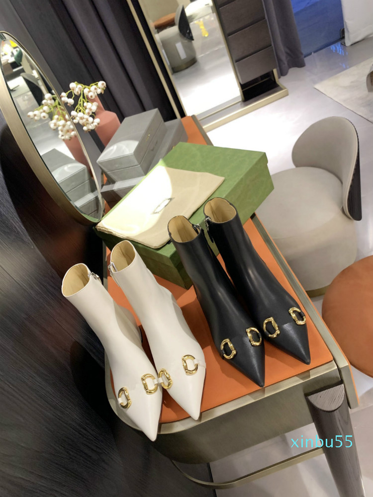 

Designer luxury middle tube Martin boots autumn winter women's pointed toe 2.5cm heightened single sexy boot black and white short boot, Customize