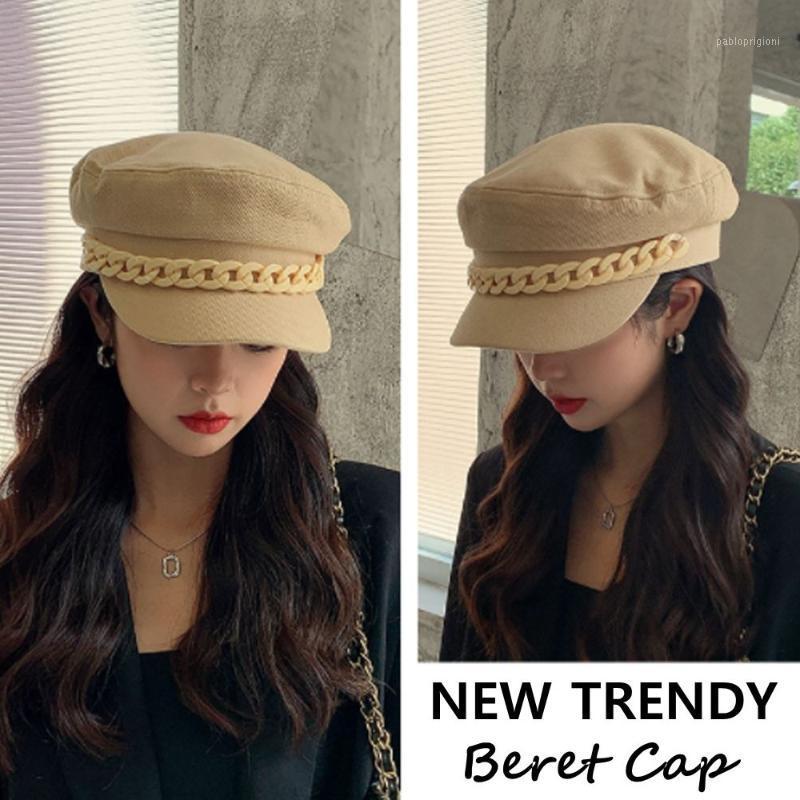 

Berets Casual Solid Color Fashion Octagonal Beret Hat Peaked Cap Sboy With Chain, Black
