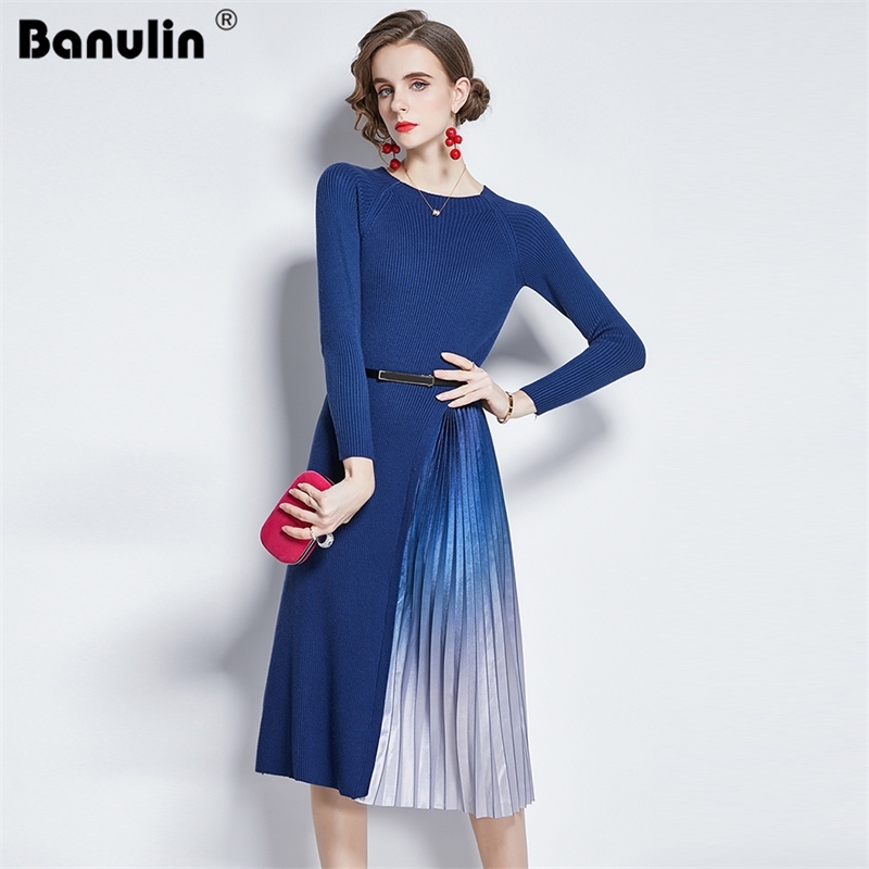 

Banulin Elegant Knitted Patchwork Gradient Pleated Midi Dres O-Neck Long Sleeve Sweater with Belt 210603, Blue