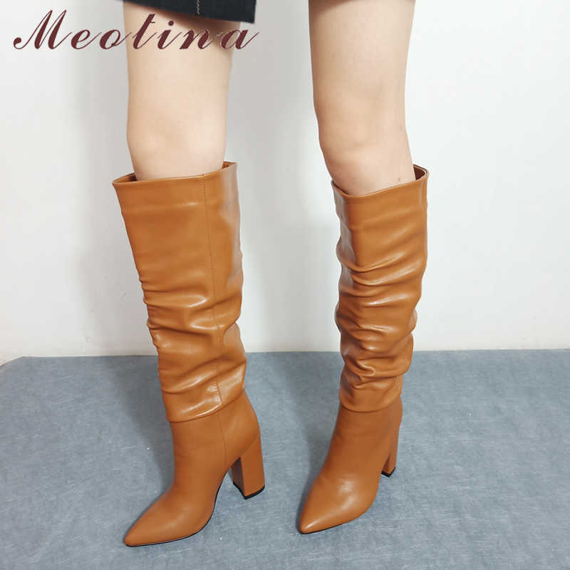 

Meotina Knee-High Boots Women Shoes Pleated Extreme High Heel Long Boots Pointed Toe Block Heels Fashion Ladies Boots Winter 43 210608, Beige