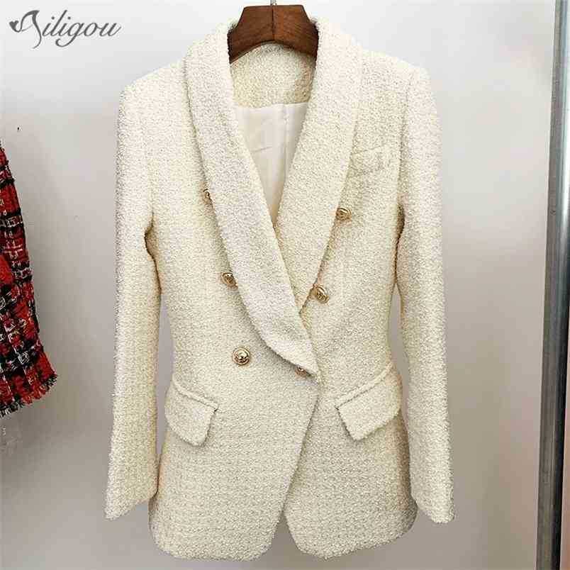 

White Tweed Blazer Women Summer Casual Double-breasted Shawl Collar Thick Long Office Business Blazers Jackets 210525, As photos