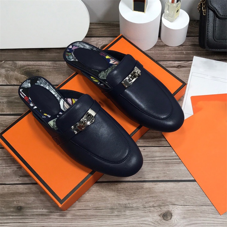 

Luxury Designer Women Leather Slippers Spring Fall Fashion Round Toe Slipper Low Heel Slip-On Loafers Top Quality, Color6