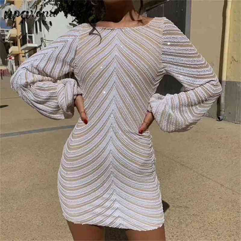 

Free Shiny Sequin Dress Women's Fall O-neck Lantern Sleeve Striped Bodycon Mini Club Party Vestido 210524, Khaki
