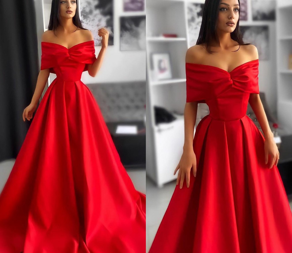 

Red A Line Satin Evening Dress 2021 Off The Shoulder V Neck Long Prom Formal Gown Arabic Dubai Celebrity Wear Robe De Soiree Vestidos, Pink