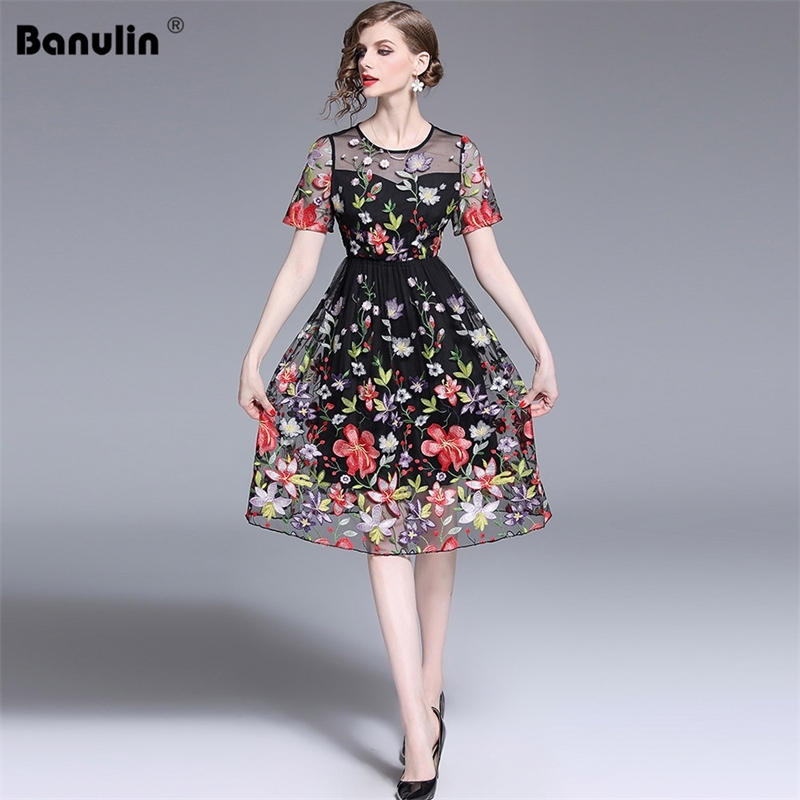 

Banulin Summer Fashion Runway Vintage Midi Dress Women's Short Sleeve Gorgeous Tulle Mesh Floral Embroidery 210603, Black