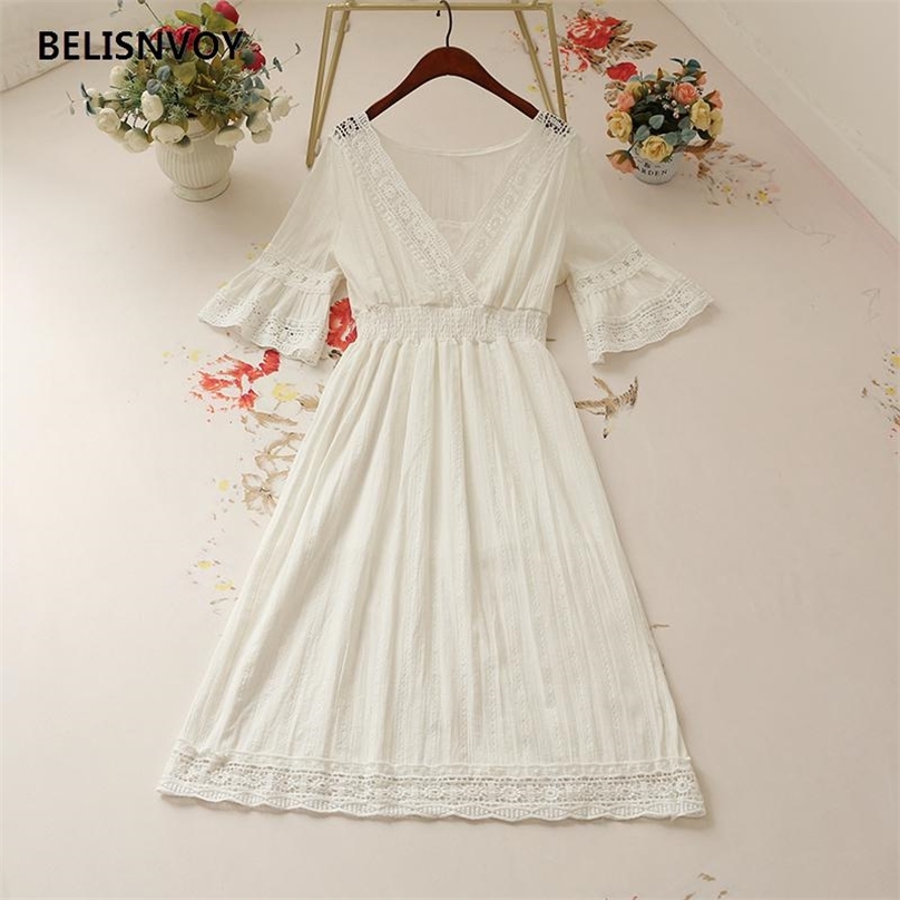 

French Retro Lace Flared Sleeves Beach Sun Dresses For Women Summer V-neck Bohemian Sweet Dress Female Party Fairy Vestidos 210520, White