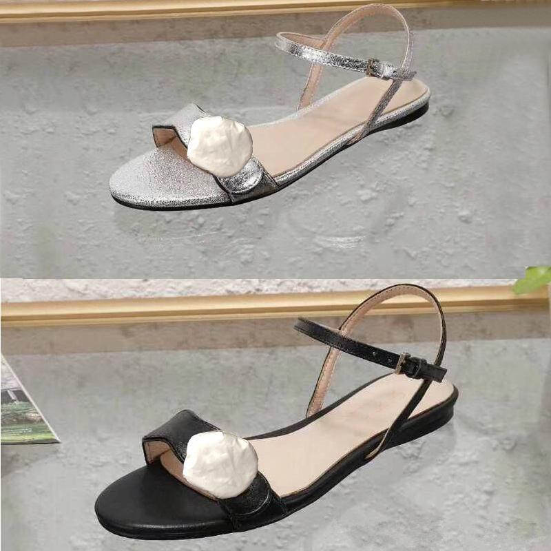 

Luxury woman shoes classic ladies sandals buckle metal buckle imported genuine leather flat beach slippers Designer woman sandals large size, Black